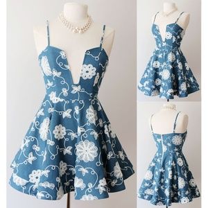 Denim Blue Floral Embroidered Plunge Skater Dress